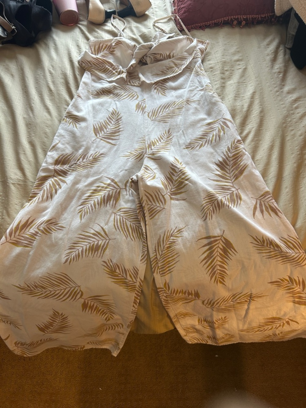 Billabong White and Tan Palm Leaf Jumpsuit